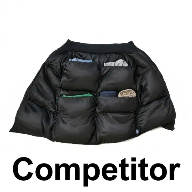 The inside of a padded jacket with square pockets full of clothes