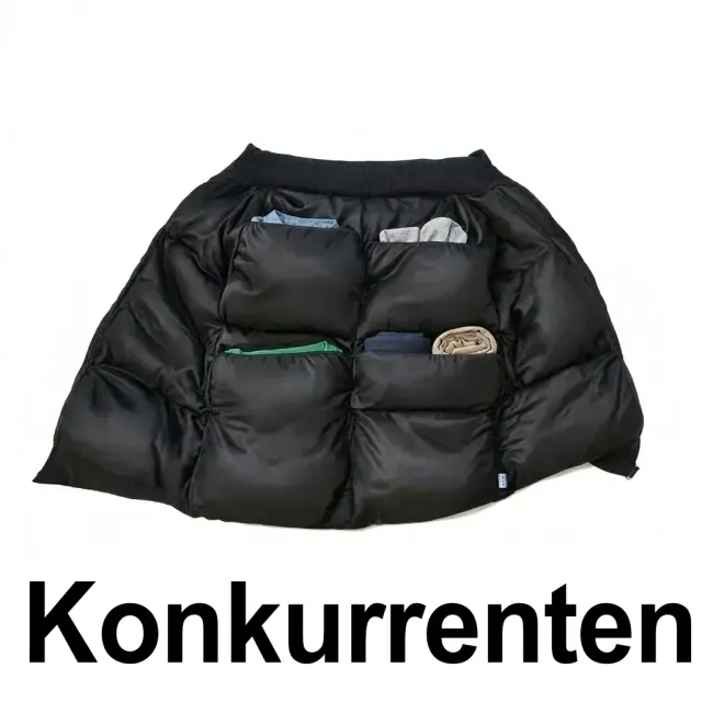 Indersiden af en vatteret jakke med firkantede lommer fyldt med tøj