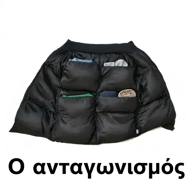 Το εσωτερικό ενός φουσκωτού μπουφάν με τετράγωνες τσέπες γεμάτες ρούχα