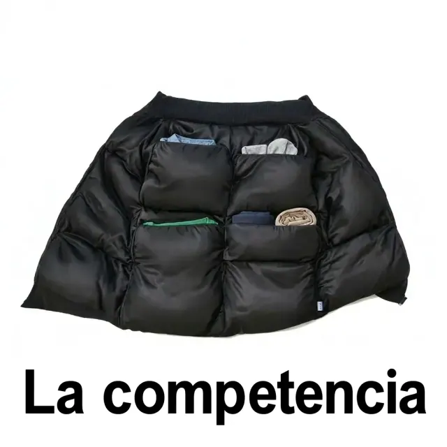 Interior de una chaqueta acolchada con bolsillos cuadrados llenos de ropa