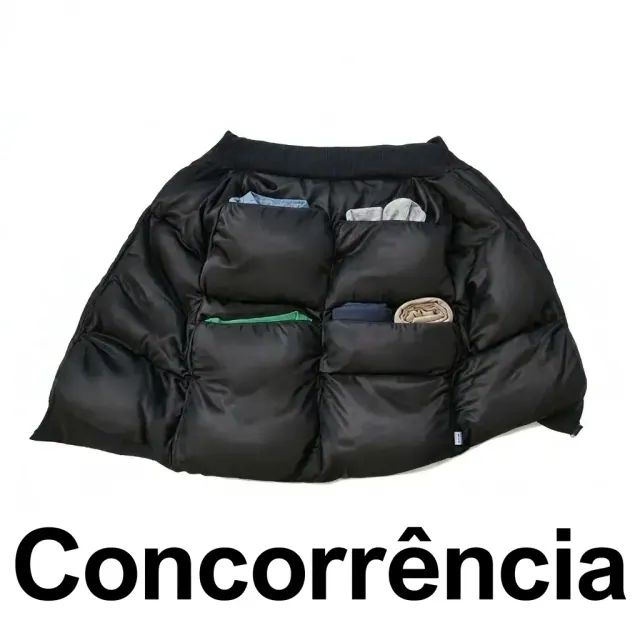 Interior de um casaco acolchoado com bolsos quadrados cheios de roupa