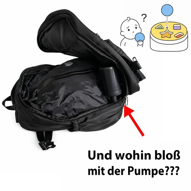 Gepackter Vakuum-Rucksack, auf der Kleidung liegt die Pumpe