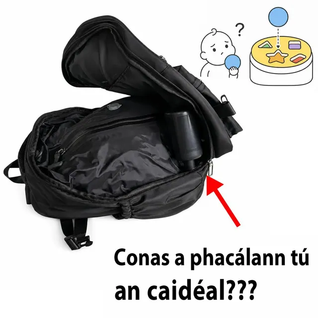 Mála droma folúis pacáilte agus a chaidéal ina luí ar bharr na n-éadaí
