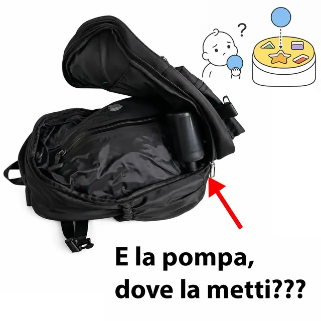 Uno zaino sottovuoto pieno con la pompa appoggiata sopra i vestiti