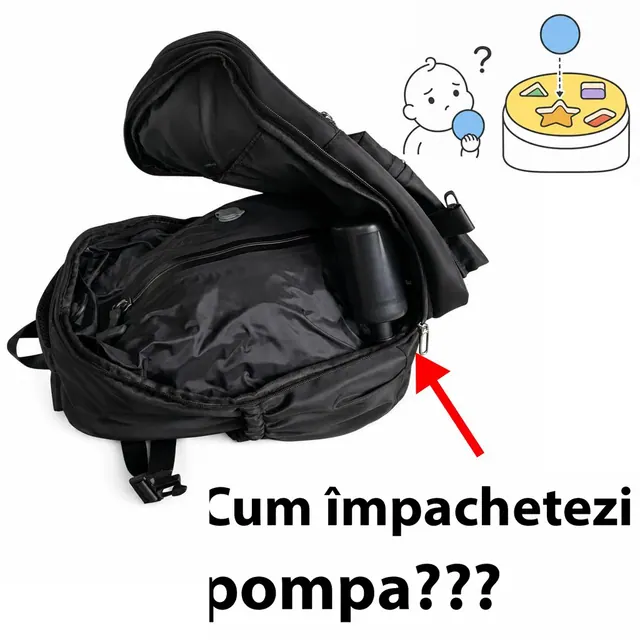 Rucsac cu vacuum plin, cu pompa așezată deasupra hainelor