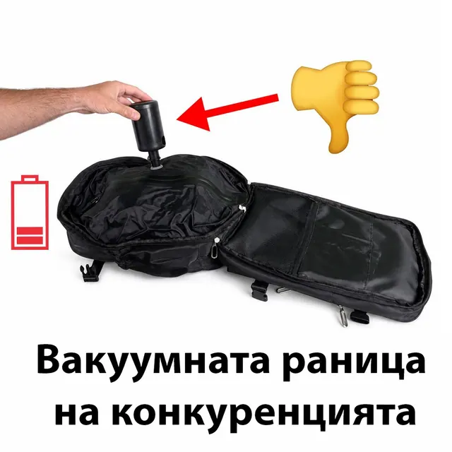 Отворена вакуумна раница с малка помпа на батерия, закачена за клапана ѝ