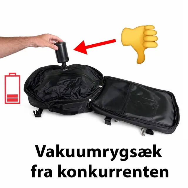 En åbnet vakuumrygsæk med en lille batteripumpe sat på ventilen