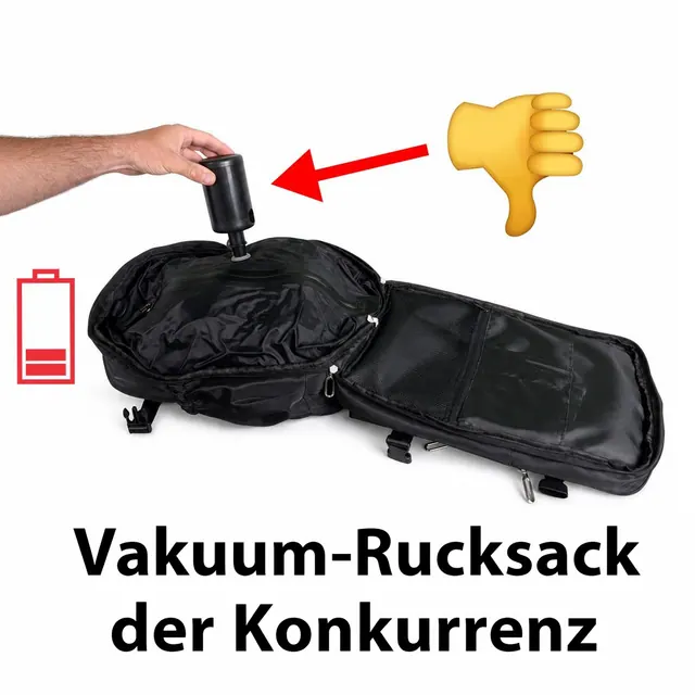 Geöffneter Vakuum-Rucksack mit einer kleinen Akku-Pumpe am Ventil