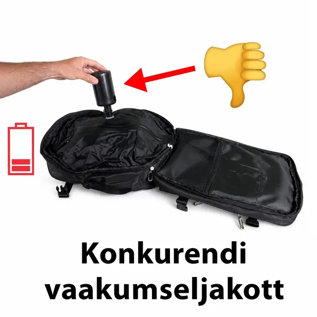 Lahtine vaakumseljakott, mille ventiili külge on ühendatud väike akuga pump