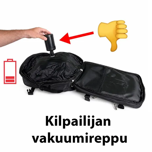 Avattu vakuumireppu, jonka venttiiliin on kiinnitetty pieni akkupumppu