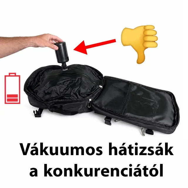 Kinyitott vákuumos hátizsák, a szelepére kis elemes pumpa van csatlakoztatva
