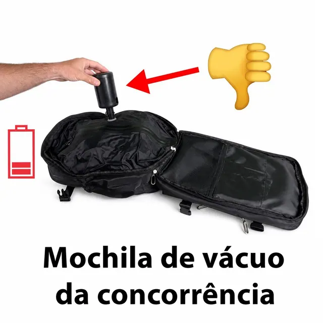 Mochila de vácuo aberta com uma pequena bomba a bateria ligada à válvula
