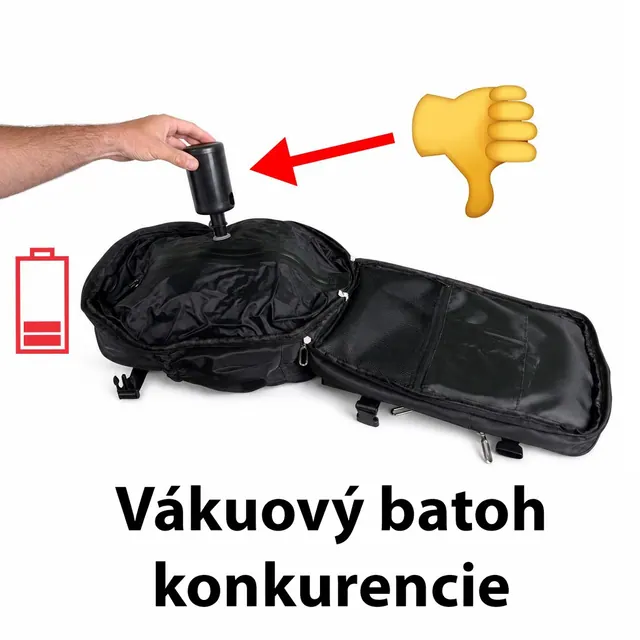 Otvorený vákuový batoh s malou pumpou na batériu pripojenou k ventilu