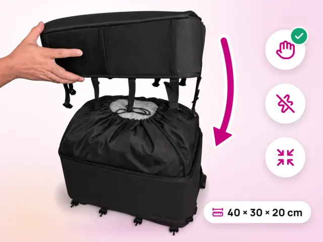 Illustration: the lid of the Ryanwear Compression Backpack coming down onto the packed base, with icons for compression by hand and no power needed