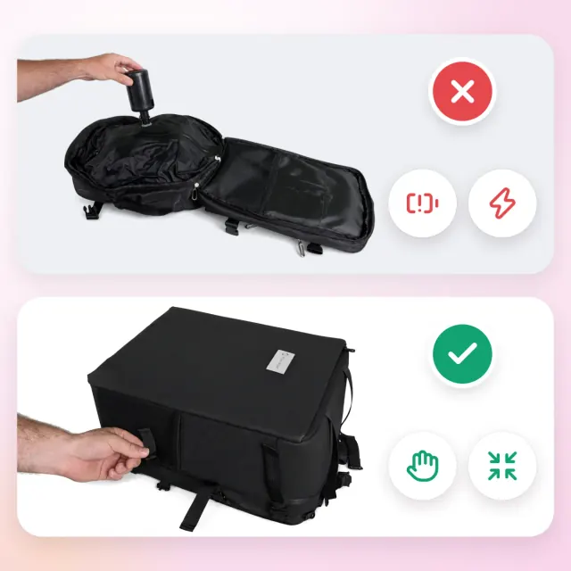 Illustration: a vacuum backpack with its pump and battery marked with a cross, and the Ryanwear Compression Backpack pressed shut by hand marked with a tick