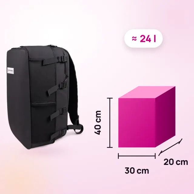 Illustration of the Ryanwear Compression Backpack next to a box marked 40 × 30 × 20 cm and about 24 litres