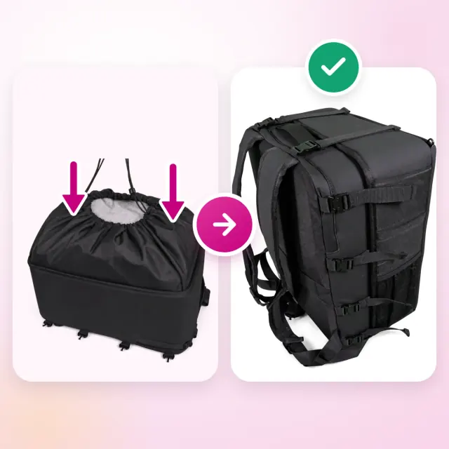 Illustration: the overfilled base of the Ryanwear backpack, then the same backpack buckled shut