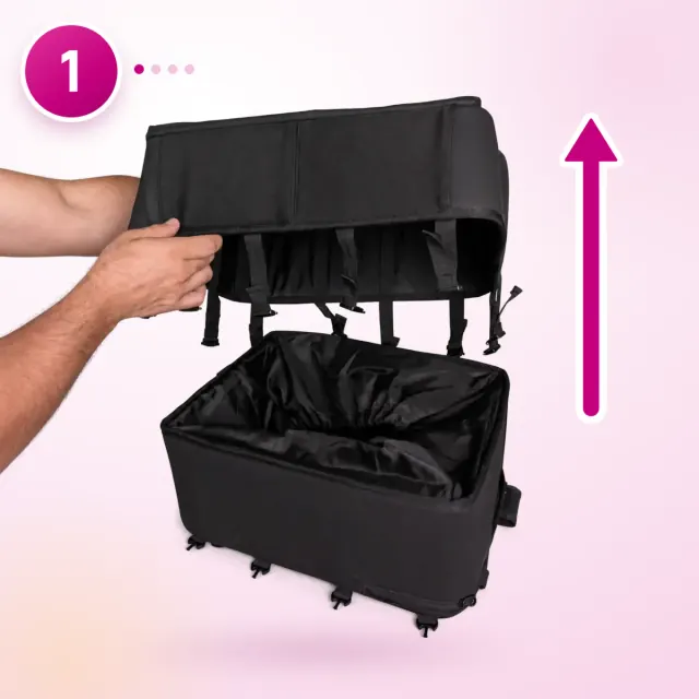 Step 1: the lid of the Ryanwear Compression Backpack is lifted off the base