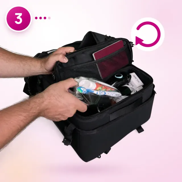 Step 3: liquids and a passport go into the quick-access box of the backpack