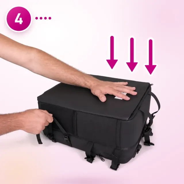 Step 4: hands press the backpack flat and pull the strap tight