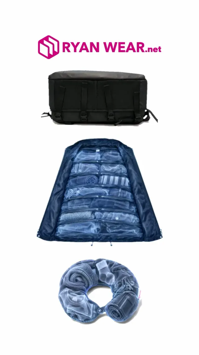 X-ray animation of the Ryanwear compression backpack, packing jacket and neck pillow, each packed with clothes