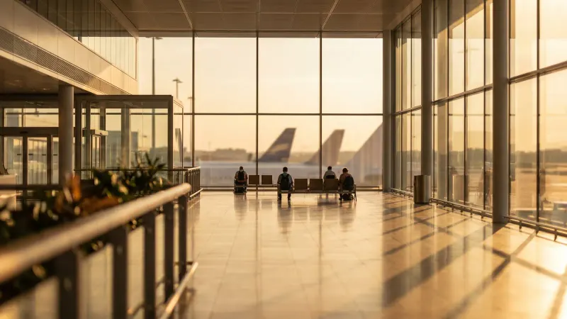 Travellers with small cabin bags waiting on rows of mostly empty seats in a sunlit airport terminal during golden hour.