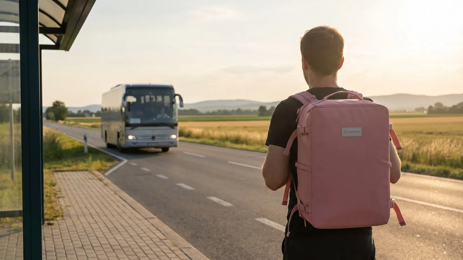 A lone traveller with a small backpack waits for an approaching coach at a quiet regional airport surrounded by farmland in warm evening light.