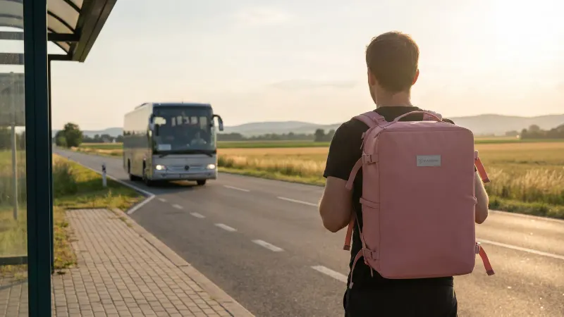 A lone traveller with a small backpack waits for an approaching coach at a quiet regional airport surrounded by farmland in warm evening light.