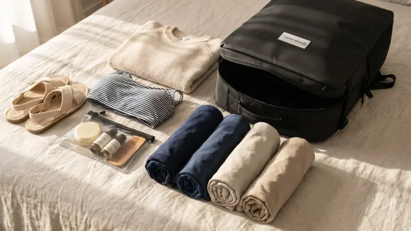 A summer travel wardrobe rolled and laid out beside a compact backpack on a linen bed, seen from above in soft morning light.