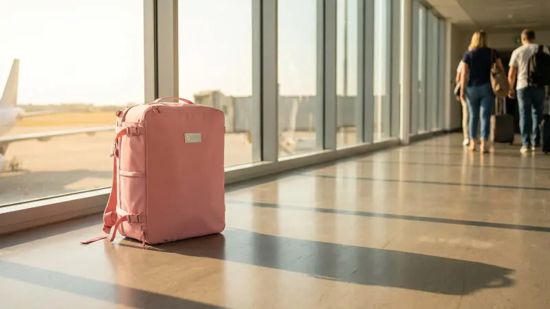 A single compact carry-on backpack on the sunlit floor of an airport boarding gate with a parked aircraft visible through floor-to-ceiling windows.