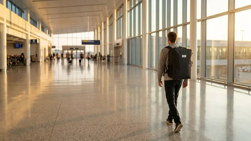 A lone traveller with a single backpack walks through a sunlit airport concourse toward distant departure gates.