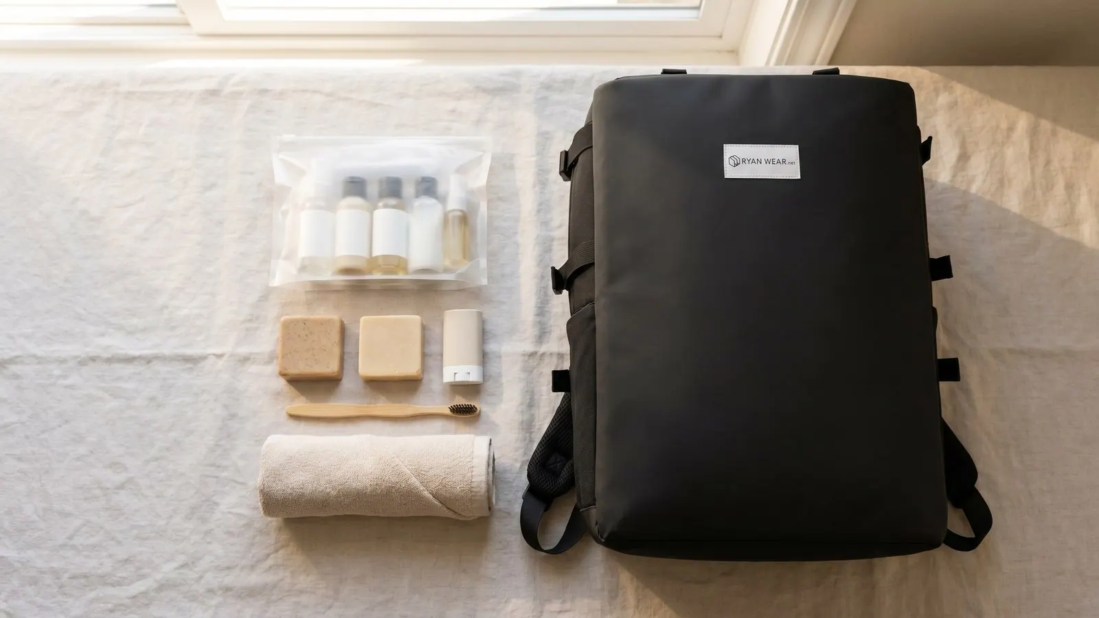 A transparent toiletry bag with small bottles and solid toiletry bars laid out beside a packed cabin backpack in warm morning light.