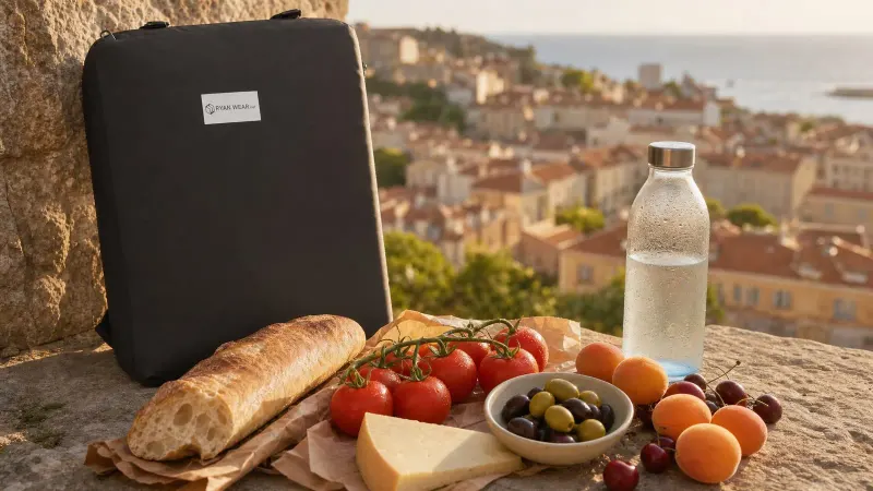 A sunlit picnic of bread, tomatoes, cheese, olives and summer fruit on a stone ledge beside a compact travel backpack, overlooking a hazy Mediterranean old town.