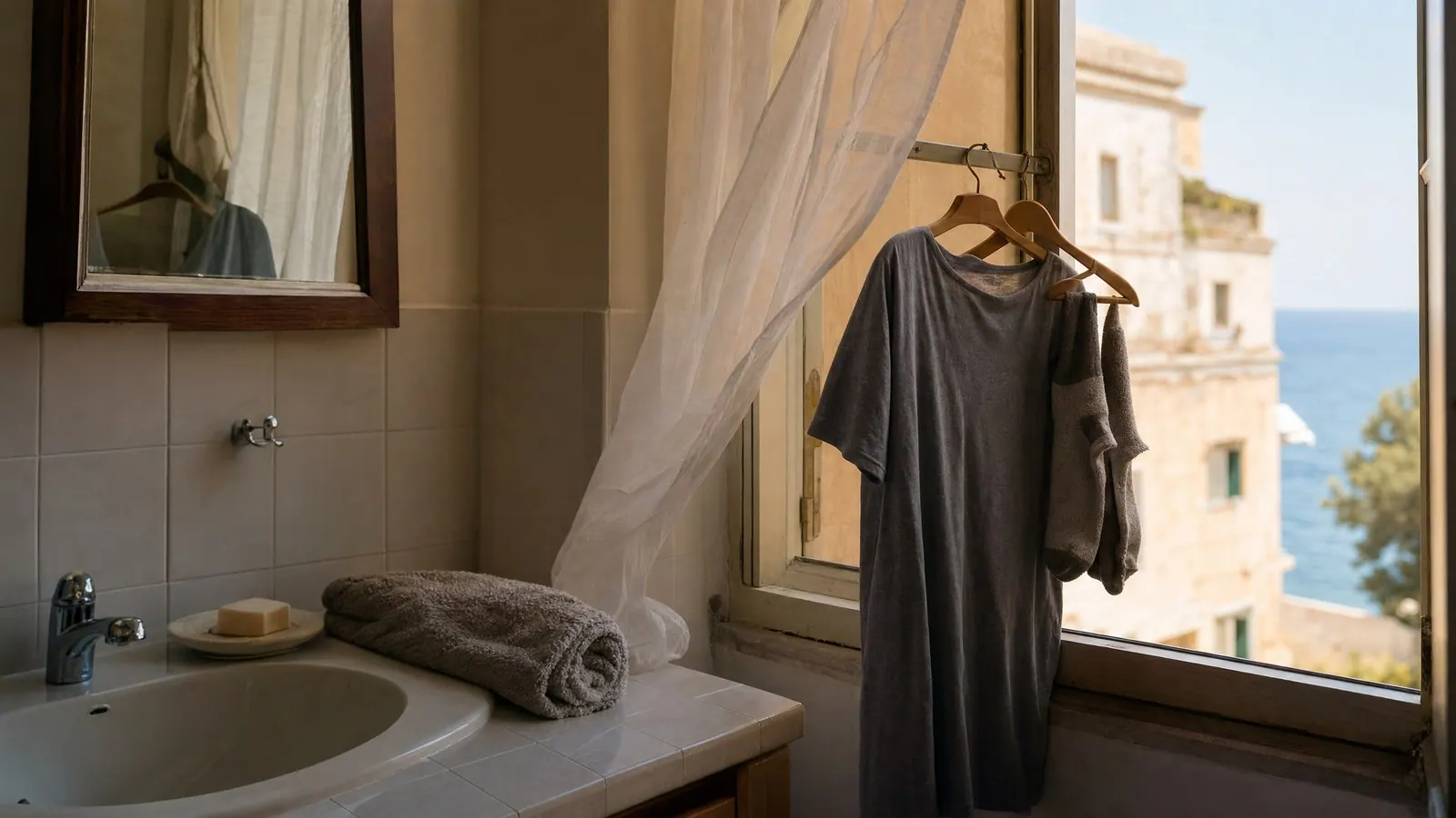 Freshly hand-washed clothes hanging on coat hangers at an open hotel window in warm afternoon light, with a rolled towel and bar of soap beside the sink.
