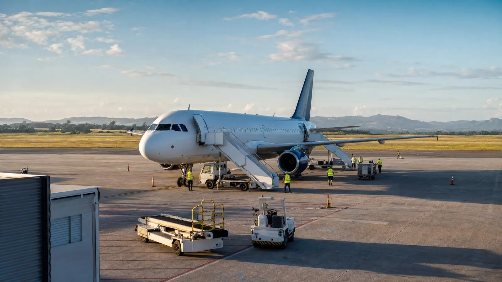 A single-aisle passenger jet parked at a quiet regional airport in warm morning light with ground crew and boarding stairs at both doors during a fast turnaround.