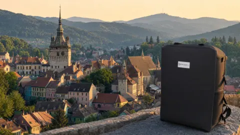 Golden-hour view over the tiled rooftops and clock tower of a medieval Transylvanian hill town with forested Carpathian ridges behind and a compact travel backpack resting on a stone parapet in the foreground.