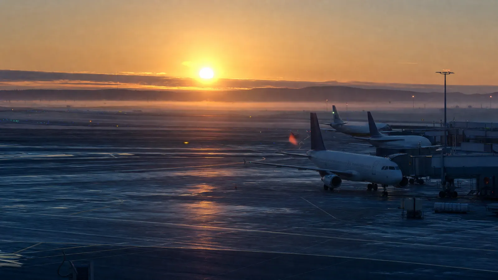 Parked passenger jets on a calm airport apron at dawn under a soft golden sky with light mist over the tarmac.