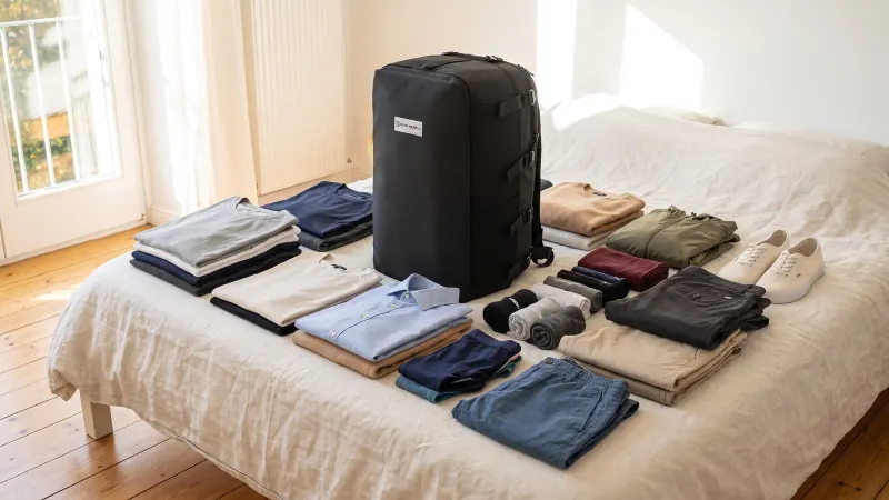 A compact travel backpack on a sunlit bed, surrounded by a neatly laid-out week of autumn clothes including tops, a knit sweater, trousers, socks and a spare pair of shoes.