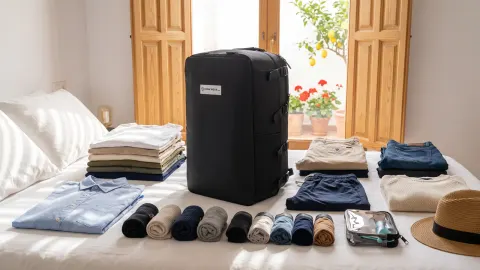 A compact travel backpack on a white-linen bed in a sunlit Andalusian room, surrounded by a neatly folded week of clothes, sandals and trainers.