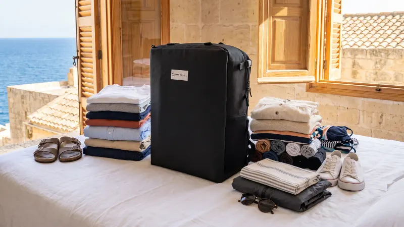 A compact travel backpack on a sunlit bed surrounded by a neatly laid-out week of summer clothes, swimwear and sandals, with wooden shutters open to the sea.