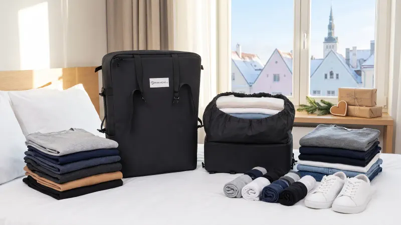 An open carry-on backpack on a hotel bed, packed with knitwear and wrapped Christmas market gifts, with snowy old-town rooftops in the window behind.