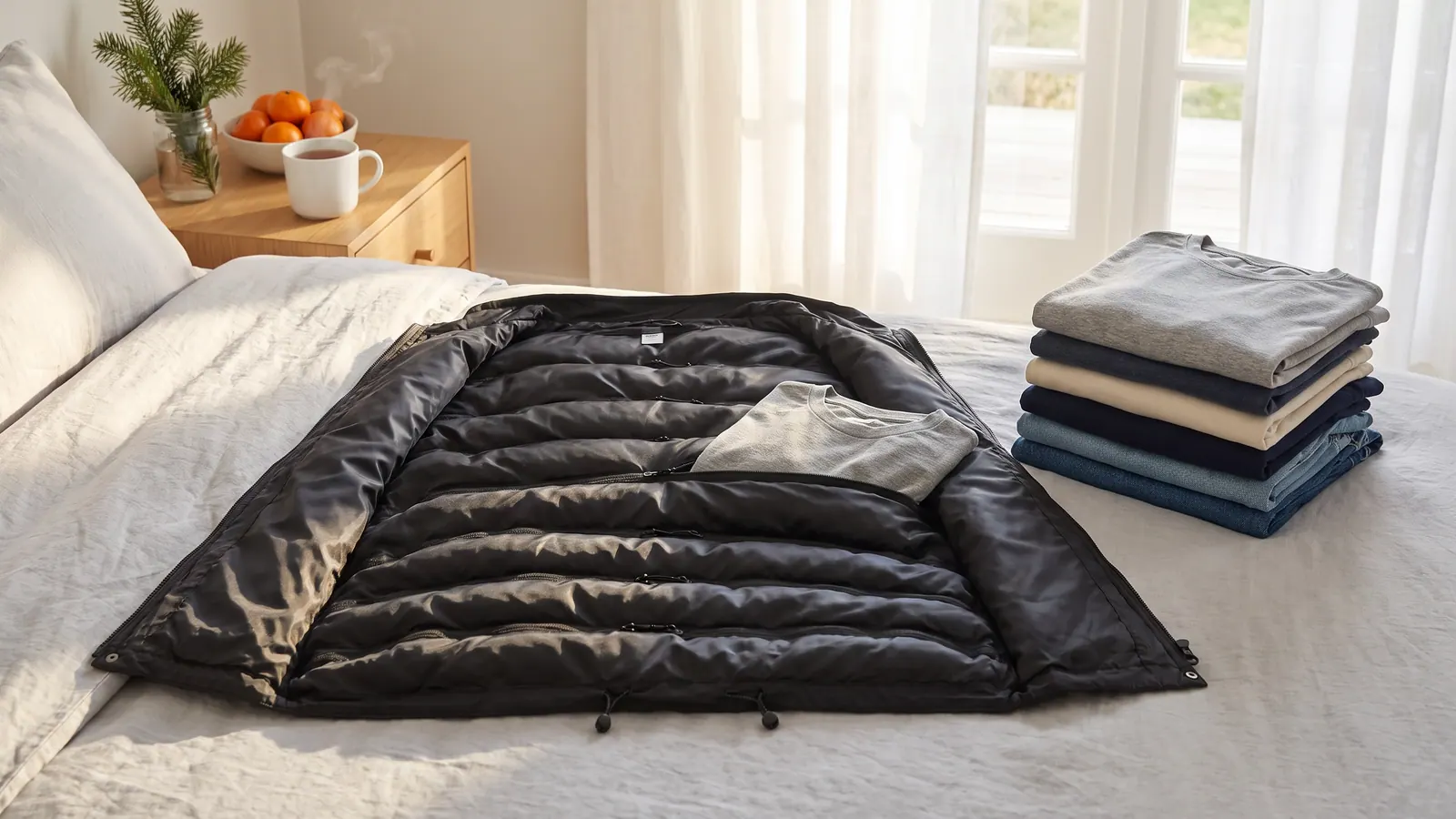 Ryanwear's packing jacket on a sunlit bed beside a mug of tea, clementines and a sprig of fir, ready for a winter trip on the free under-seat bag.